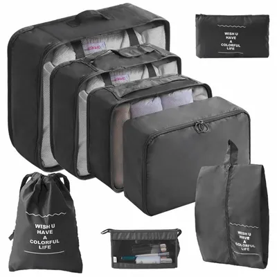 Produktbild von 8er-Set Reise-Aufbewahrungstaschen Set, wasserdichte Organizer, verschiedene Größen, faltbar, leicht, Schwarz