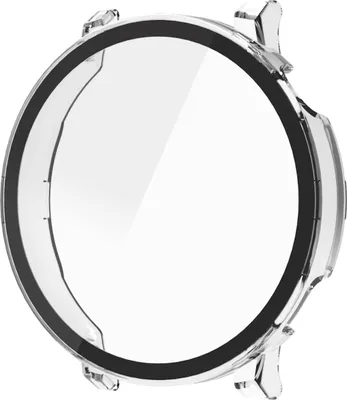 A clear, close-up studio shot of a transparent watch case with a black rim.