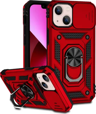 Image de Étui pour iPhone 14 Plus étui double couche avec couvercle coulissant pour appareil photo et anneau de support rouge