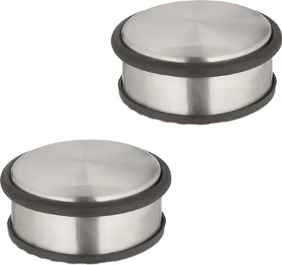 Image de Lot de 2 butoirs de porte Relaxdays, H x P 4,5 x 10,5 cm, plats et lourds, antidérapants, frein de porte en acier inoxydable, argent/noir