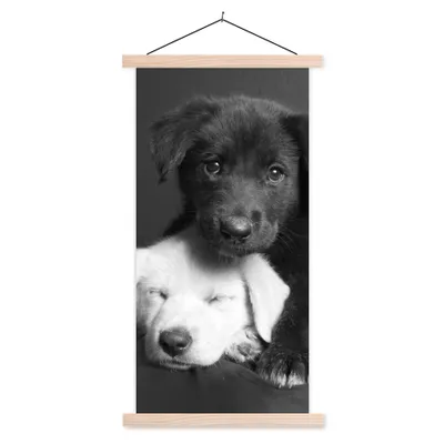 Produktbild von MuchoWow® Textilposter Hunde - Welpe - Schwarz - Weiß - Tiere 60x120 cm mit holzfarbenen Rahmen - Holz