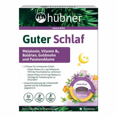 Produktbild von Hübner Guter Schlaf | 15 Tabletten | Melatonin, Vitamin B6, Baldrian, Goldmohn & Passionsblume | vegan