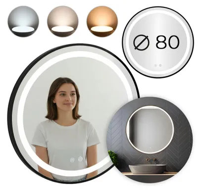 Obrázok produktu pre LED kúpeľňové zrkadlo, okrúhle, nástenné, 80 cm, 3 farby, funkcia proti zahmlievaniu, dotykové ovládanie, ModernHome