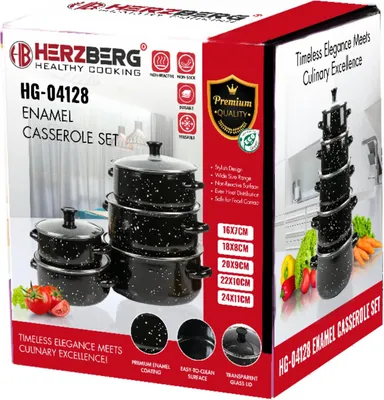 Obrázok produktu pre Herzberg HG-04128: 10 kusov smaltovaný kuchynský hrniec a kastról so sklenenou pokrievkou