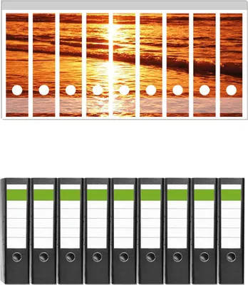 Produktbild von Wallario 9 Stück breite Ordner inkl. Klebeetiketten mit Motive Farbenfroher Sonnenuntergang über dem Meer II -  Set mit Rückenschildern / Ordnerrücken Stickern