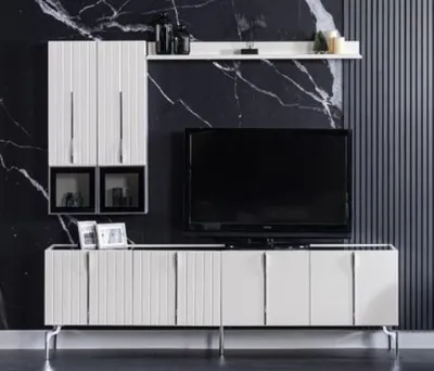 Produktbild von Casa Padrino Luxus Art Deco TV Schrank Weiß / Schwarz / Silber 208 x 44 x H. 64 cm - Edler Wohnzimmer Fernsehschrank mit 4 Türen - Art Deco Möbel