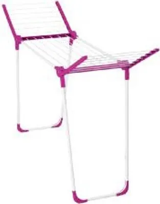 A white and pink drying rack against a white background.
