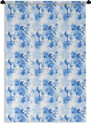 Produktbild von MuchoWow® Wandteppich Wandbehang Blumen - Vögel - Blau 60x90 cm Tapisserie Dekoration Wandtuch - Foto-Teppich - Abwaschbar