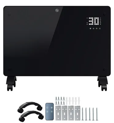 Productafbeelding van Ikodm glazen convectorverwarming, 2500W, zwart, met WiFi (Tuya Smart), afstandsbediening, thermostaat (5–50 °C), geschikt voor wandmontage of met wielen, IP24