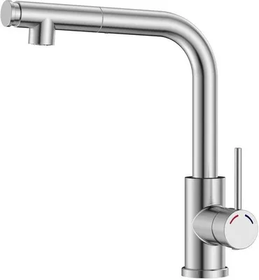 Obrázok produktu pre Unyqoos® kuchynská batéria v tvare "L" – s výsuvnou sprchou, otočnou výlevkou o 360°, nerezová oceľ s brúseným povrchom, výška 27,3 cm, dĺžka výlevky 22,5 cm, hadica 60 cm, pripojenie G3/8