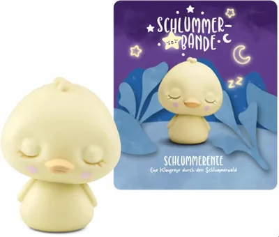 A yellow duck toy with closed eyes and pink cheeks, sitting in front of a night-themed illustration with stars and a moon.