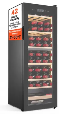 Produktbild von VEVOR Weinkühlschrank für 42 Flaschen, Freistehender Flaschenkühlschrank mit Doppelzonen, Einstellbarer Temperatur von 5 °C bis 18 °C und Glastür, für Hausbar, Büro, Bar, Rotwein, Weißwein, Champagner