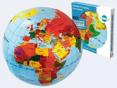 A large inflatable globe is shown next to its packaging.