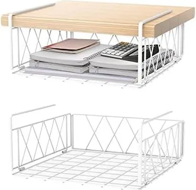 Produktbild von Hängekorb Regal, 2 Stück Hängekorb aus Metall, Regaleinhängekorb Unter Schrank, Hängende Aufbewahrungskörbe für Küche, Speisekammer, Büro, Schreibtisch (Weiß)