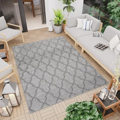 Obrázek produktu pro Koberec venkovní vnitřní Flatweave Grey Grid Balcony Terrace Weatherproof UV-resistant 80 x 150 cm
