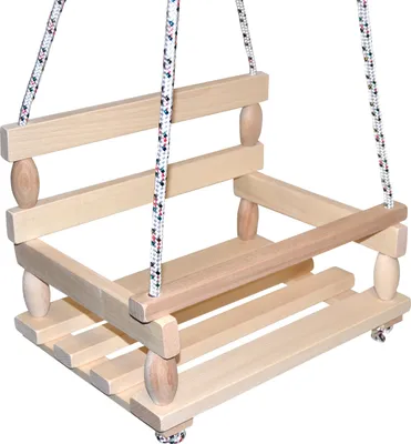 A wooden swing for children, suspended by ropes.