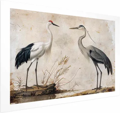 Produktbild von Posterpapier Poster - Birds from an Old Engraving - vintage-style illustration of a heron and a crane 60x40 cm Tiere g-C-10156-ao-a