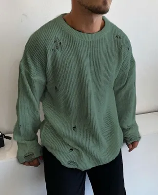 Produktbild von Männer Knit mit Riss Drop Shoulder Pullover Oversize M Mint