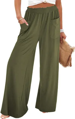 Image de ASKSA Femme Pantalon jambes larges Taille haute Palazzo Pantalon d'été Unicolore Décontracté Elégant Pantalon de plage avec poches (Vert Armée,S)
