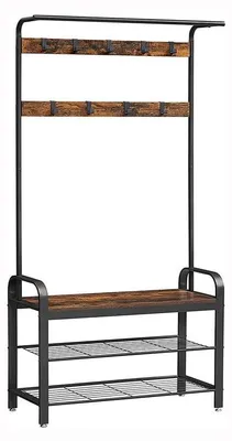 Produktbild von Garderobenständer mit 3 Ablagen, Schuhbank und 9 Haken, Holzoptik, 84 x 33,7 x 183 cm