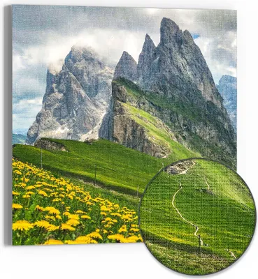 Produktbild von DEQORI Hybrid Leinwand Bild 50x50 cm 'Dolomitenzauber' Wandbild Glas flach modern