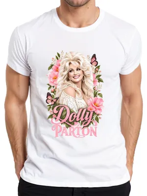 Zdjęcie produktu dla Koszulka męska z nadrukiem "Dolly Parton", motywy country, motyle, Nashville, kolor biały, rozmiar M