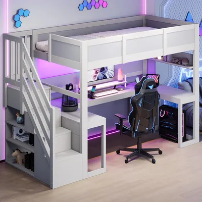 Productafbeelding van Gaming hoogslaper 90x200 cm met bureau, trap met opbergruimte, 7-kleuren LED en USB, wit