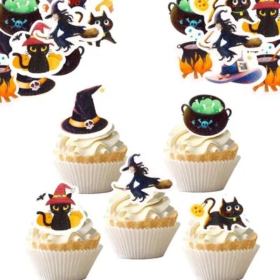 Productafbeelding van Eetbare taartdecoraties, 48 stuks, heks, Halloween, cupcake decoraties, 6 verschillende stijlen, geschikt voor verjaardagsfeestjes en andere gelegenheden