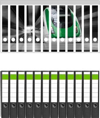 Produktbild von Wallario 12 Stück schmale Ordner inkl. Klebeetiketten mit Motive Fahrender Zug von vorn in grün - Perspektive von vorn -  Set mit Rückenschildern / Ordnerrücken Stickern