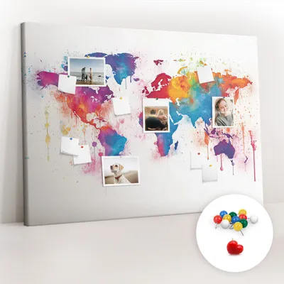 Imagen del producto de Tablero de corcho con chinchetas - Panel con chinchetas para fotografías y notas - 140x100 cm - 100 chinchetas de colores - Mapa del mundo