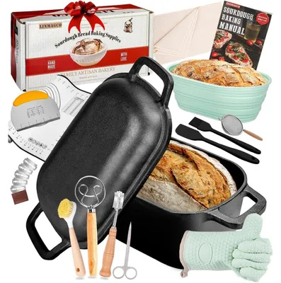 Produktbild von Gusseisen Brotbacktopf mit Deckel & Gärkorb – 4,6L Dutch Oven für Sauerteigbrot – Schwarz