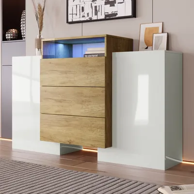 A modern dresser with a wood-tone front and white high-gloss sides, featuring LED lighting in an open shelf.