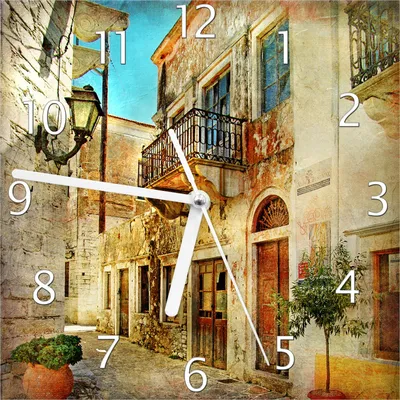 Produktbild von Wallario Design Wanduhr Gasse im Süden, Urlaub in Griechenland aus Echtglas, Größe 20 x 20 cm