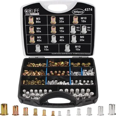 Produktbild von CCLIFE 500tlg Nietmuttern Sortiment M3 M4 M5 M6 M8 M10 Flachkopf Gewindenieten Blindnietmuttern Einnietmutter Alu & Verzinkt Stahl Rivet Nuts
