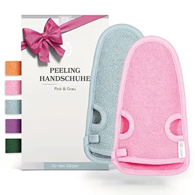 Produktbild von LoWell® 2 Stück Peelinghandschuh - Hamam Peeling Handschuh für Körper und Gesicht - Bonus Peeling Guide und 2 Saugnäpfe - Grau/Pink