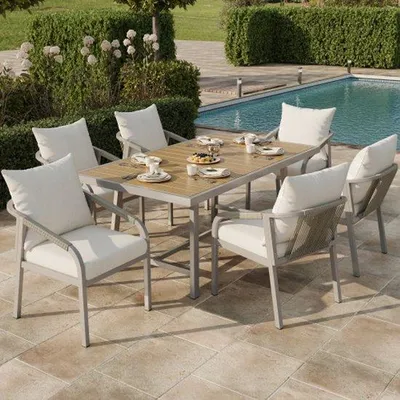 Immagine prodotto di Set di mobili da giardino per 4 persone, composto da 1 tavolo e 6 sedie, in acciaio zincato, piano del tavolo in plastica, design in rattan intrecciato, color cachi + beige