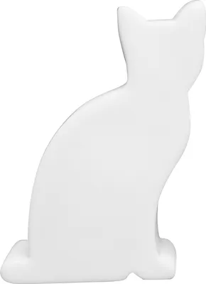 A white, stylized cat figurine is shown in profile against a white background.