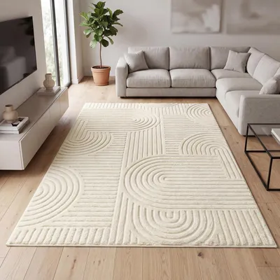 Obrázek produktu pro Koberec do obývacího pokoje, 3D vzor, geometrický design, protiskluzový a omyvatelný, rozměry 230 x 160 x 1 cm, bílá barva
