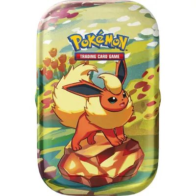 A Pokemon trading card game mini tin box featuring the Pokemon Flareon.