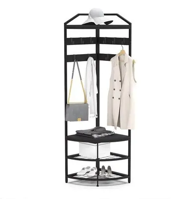 Produktbild von Freistehender Eck-Kleiderständer - Garderobenbaum für Flur & Schlafzimmer - Metall Kleiderregal mit Gitterablagen und Schuhablage - Schwarz