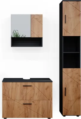Immagine prodotto di Set mobili bagno Vicco Irma Rovere dorato/antracite 3 parti, con cassettiera e colonna, Model 38062