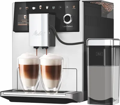 A Melitta Latte Select coffee machine is shown making two lattes into clear glass cups.