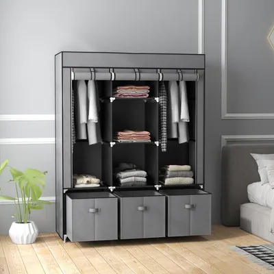 Image de Armoire en tissu avec 2 tringles et 3 tiroirs, 125 x 162,5 x 43 cm. Armoire pliante en non-tissé, gris foncé