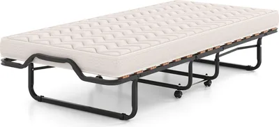 A folded guest bed with a mattress on a white background.