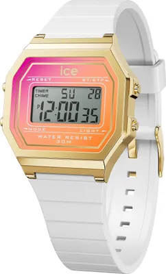 A digital watch with a white strap and a gold-colored octagonal case. The watch face has a gradient background from pink to orange and displays the time.