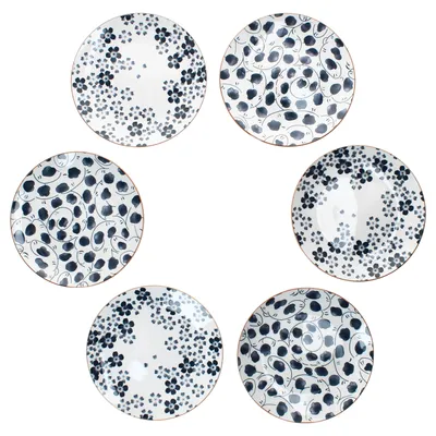 Image de 6 assiettes à dessert Totto Ø 19 cm, bleu et blanc, en faïence, motif fleurs et feuilles