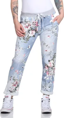 Produktbild von 287 Mississhop Damen Hose Cargohose Blumen Sweatpants Jogginghose Baumwolle Freizeithose Boyfriend Hellblau Rosa Model 35