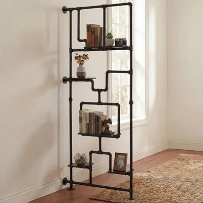 Immagine prodotto di Divisorio con scaffale HWC-P10, scaffale da soggiorno, scaffale portaoggetti, metallo industriale melamina MVG 203x80x20cm ~ nero
