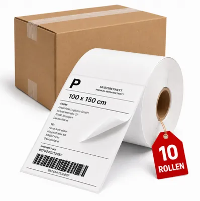 Immagine prodotto di Etichette per spedizioni LastWerk, formato 100 x 150 cm, su rotolo, 10 rotoli per confezione, con 400 etichette termiche per rotolo, etichette per spedizioni 4x6, adesivo permanente, compatibili con stampanti termiche dirette, adatte per i corrieri DPD, DHL, GLS, FEDEX, UPS, HERMES