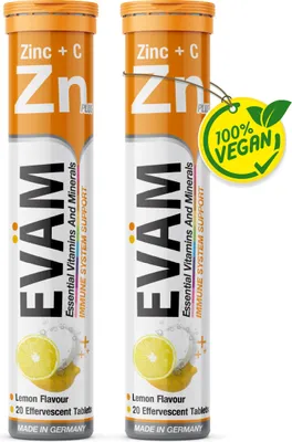 Produktbild von EVÄM Zink plus Vitamin C Brausetabletten Geschmack Zitrone 2x 20 Stück Nahrungsergänzungsmittel zur Unterstützung des Immunsystems zuckerfrei Hergestellt in DE
